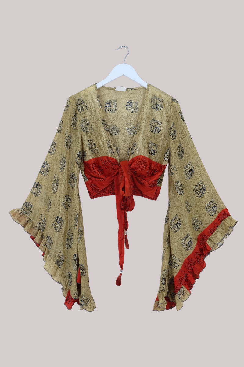 Venus Recycled Sari Wrap Top in Crimson & Gold Elephants - Size M/L