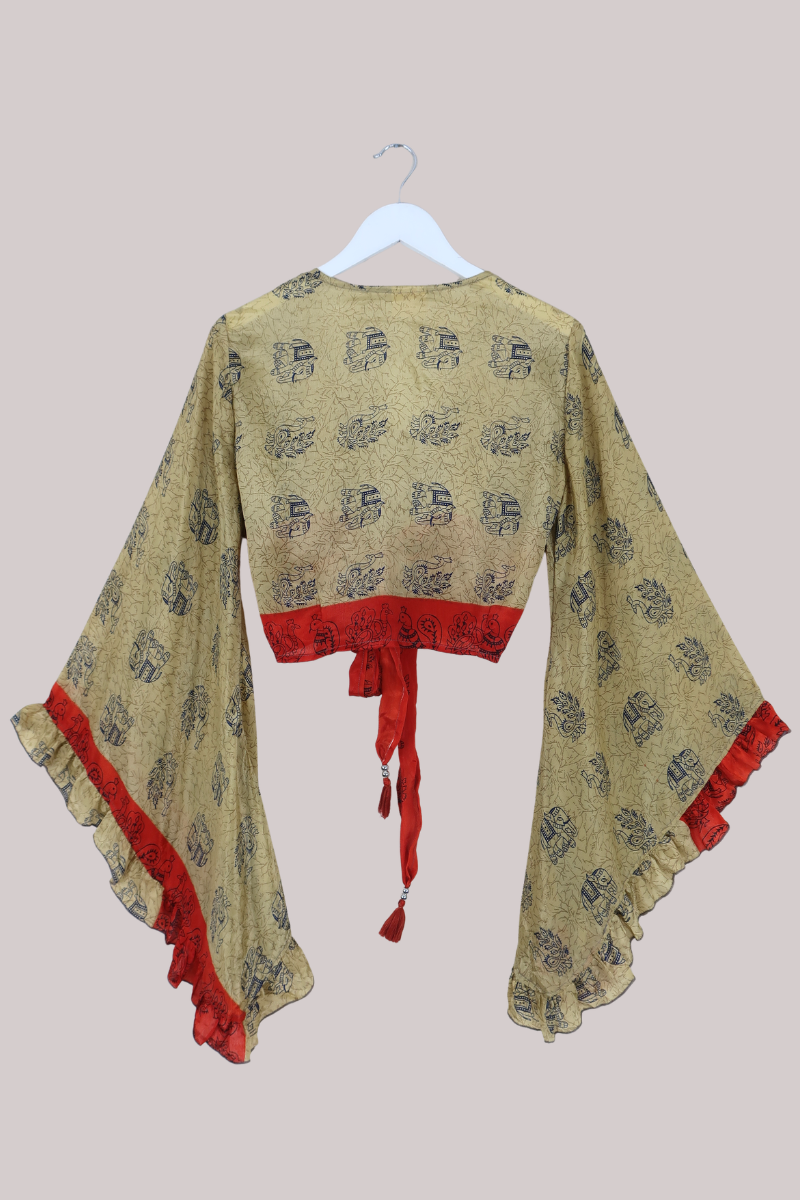 Venus Recycled Sari Wrap Top in Crimson & Gold Elephants - Size M/L