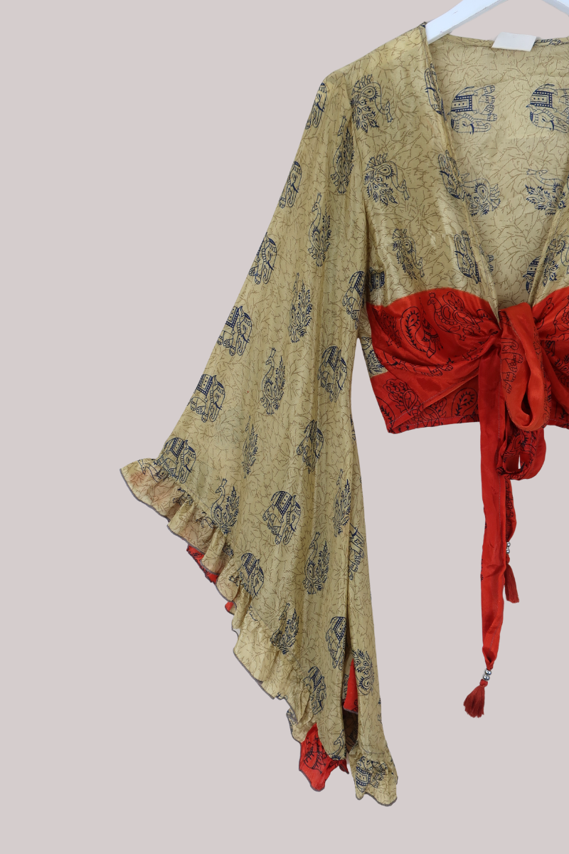 Venus Recycled Sari Wrap Top in Crimson & Gold Elephants - Size M/L