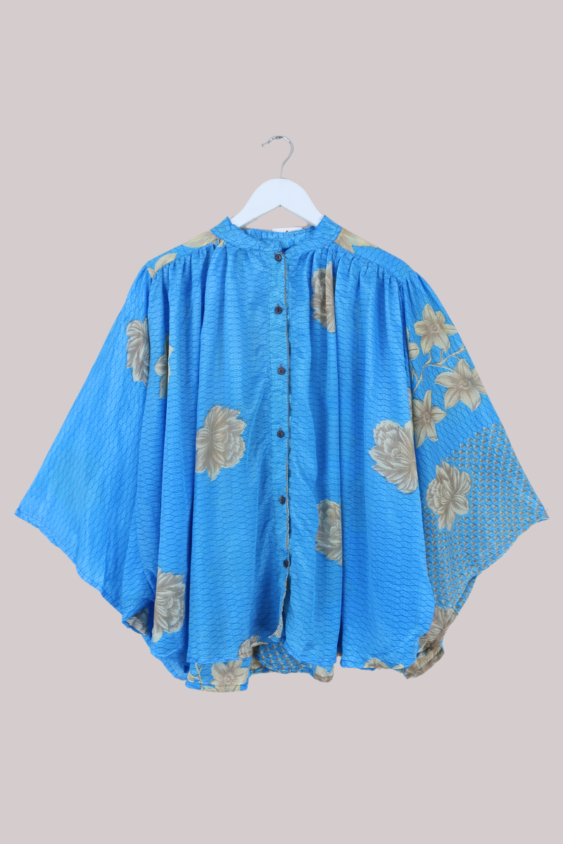Ophelia Recycled Sari Blouse in Sky Blue Antique Florals - Free Size