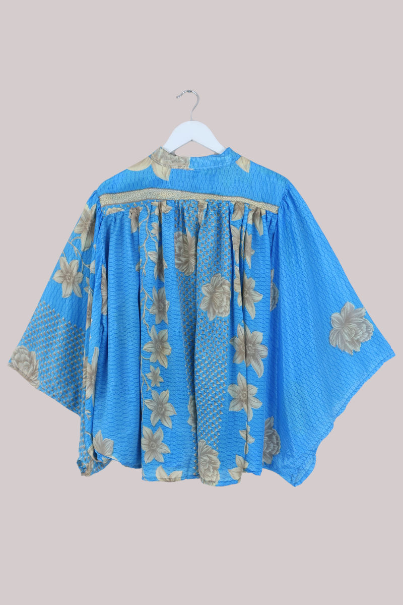 Ophelia Recycled Sari Blouse in Sky Blue Antique Florals - Free Size