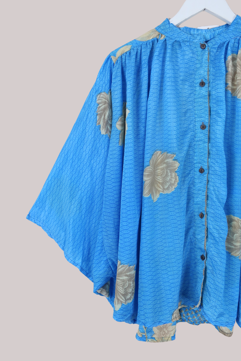 Ophelia Recycled Sari Blouse in Sky Blue Antique Florals - Free Size
