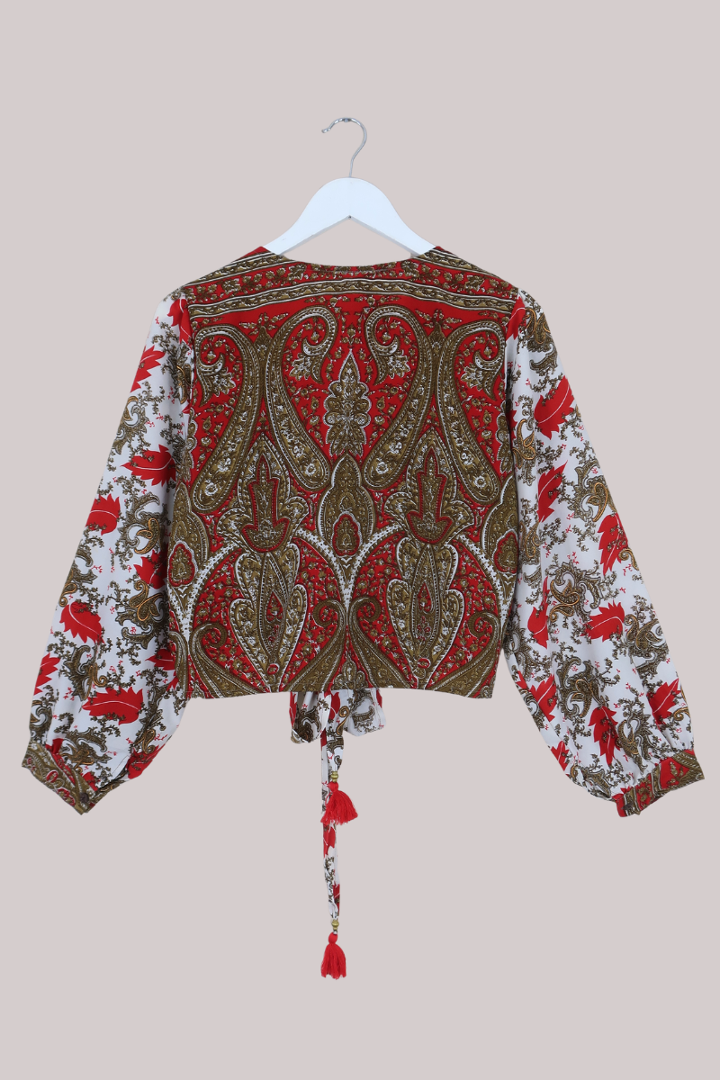 Lola Wrap Top in Regal Gold & Ruby Paisley - Size XS