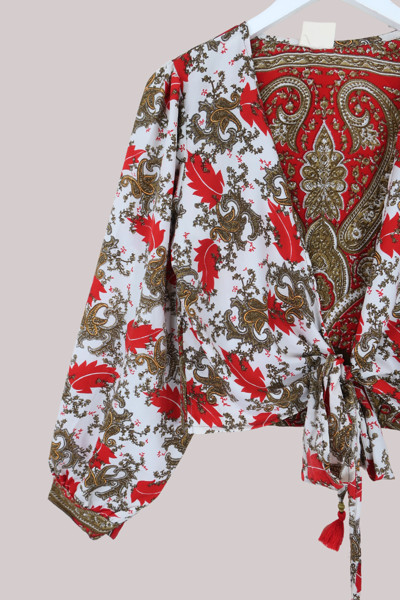 Lola Wrap Top in Regal Gold & Ruby Paisley - Size XS