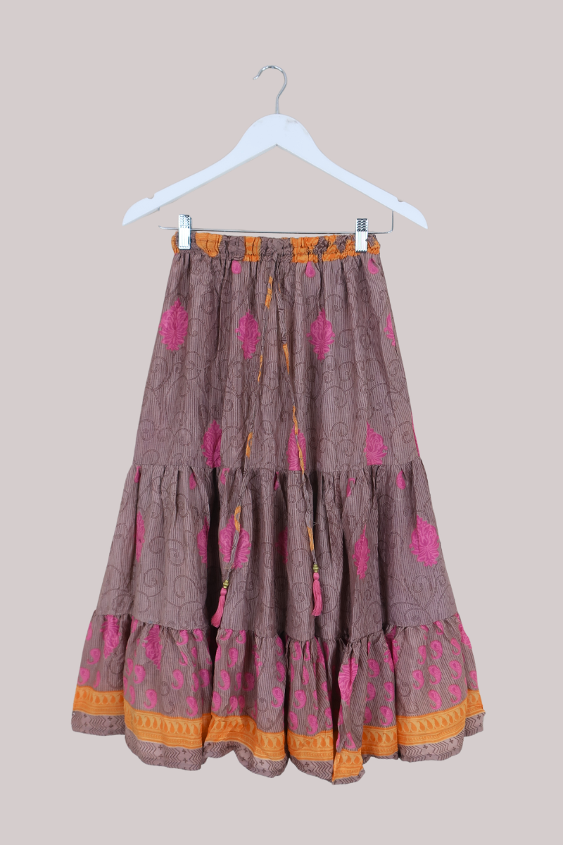 Rosie Midi Skirt in Taupe, Fuschia & Clementine - Free Size