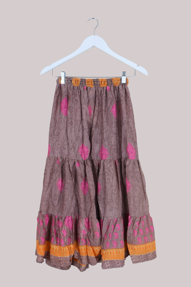 Rosie Midi Skirt in Taupe, Fuschia & Clementine - Free Size