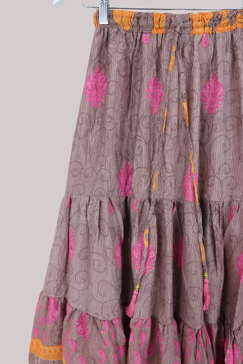 Rosie Midi Skirt in Taupe, Fuschia & Clementine - Free Size