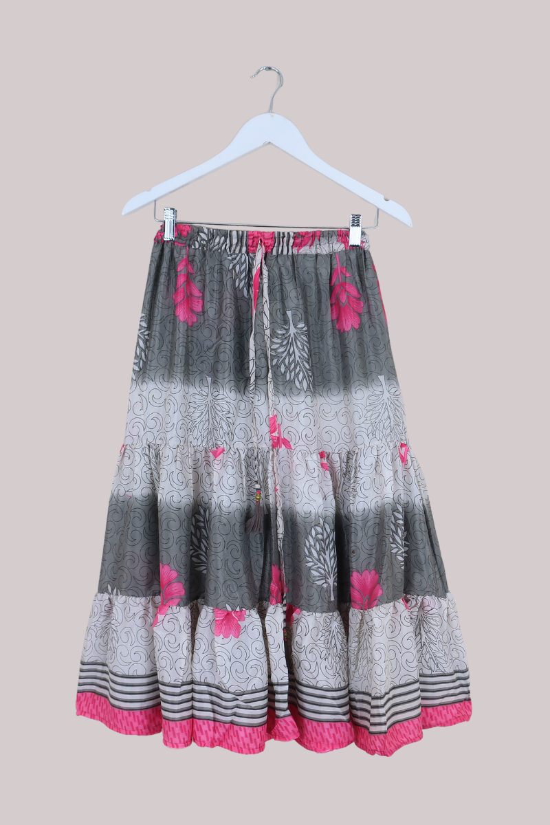 Rosie Midi Skirt in Stone & Pink Florals - Free Size