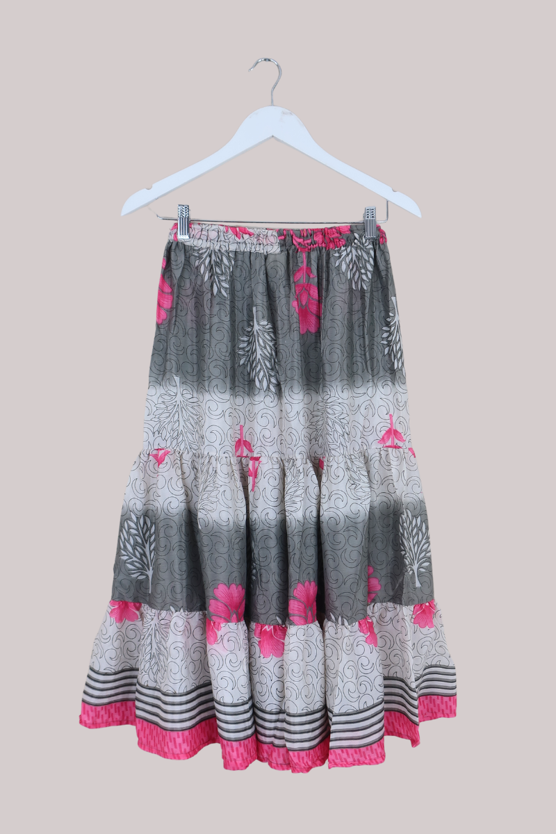 Rosie Midi Skirt in Stone & Pink Florals - Free Size