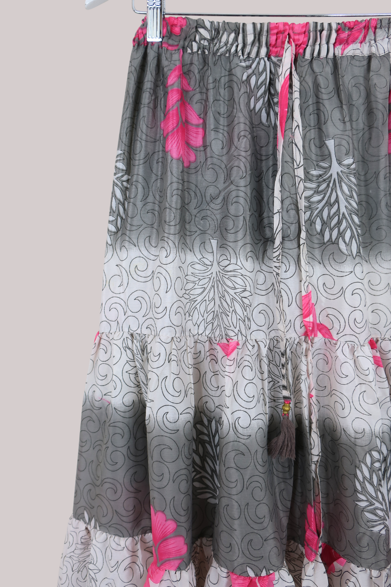 Rosie Midi Skirt in Stone & Pink Florals - Free Size