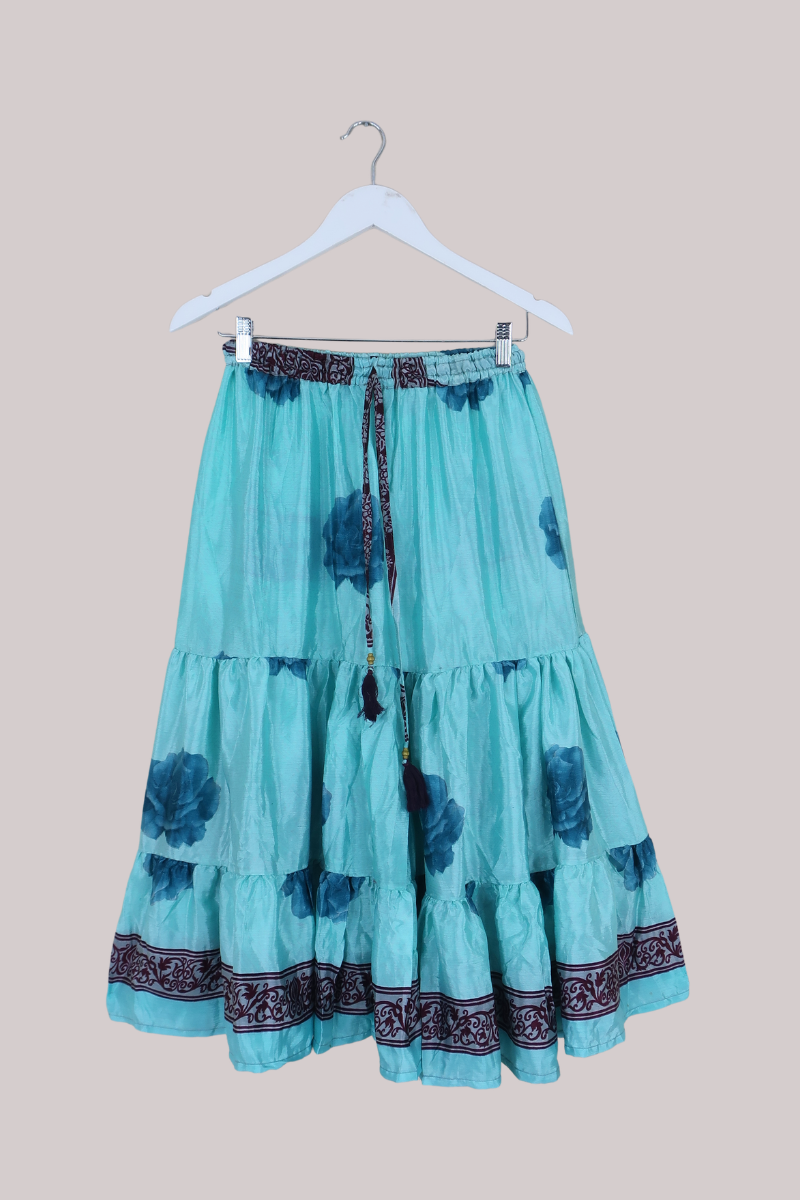 Rosie Midi Skirt in Sky Blue Roses - Free Size