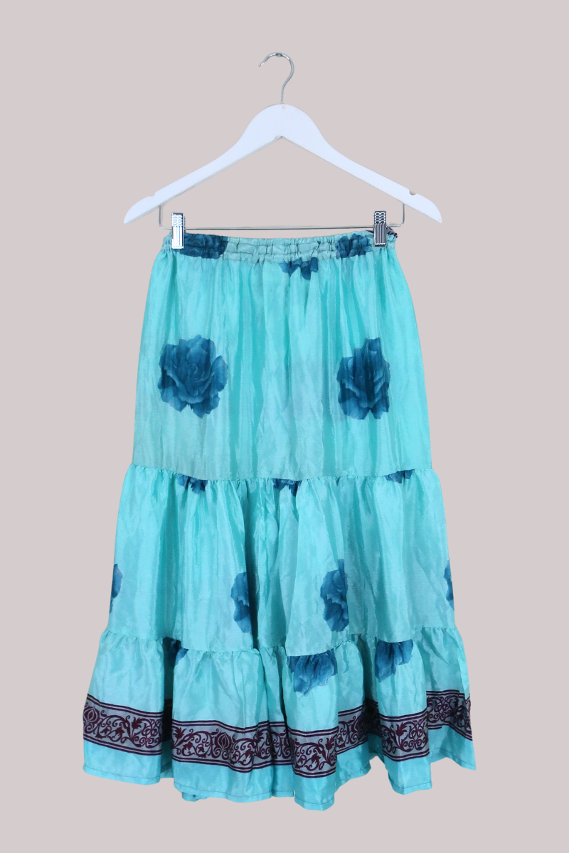 Rosie Midi Skirt in Sky Blue Roses - Free Size