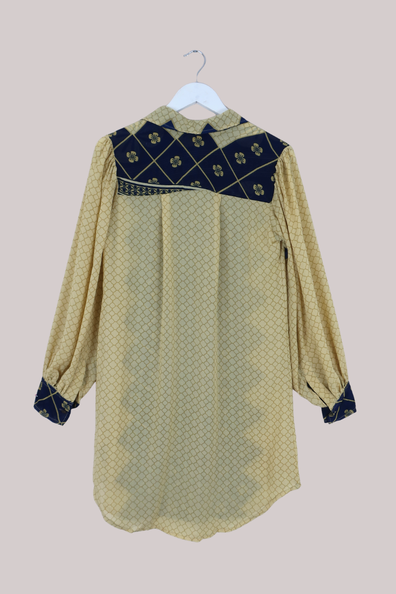 Bonnie Shirt Dress - Indigo & Cream Daisies - Vintage Indian Sari - Free Size M/L