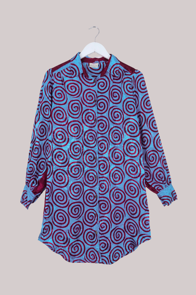 Bonnie Shirt Dress - Mulberry & Sky Swirls - Vintage Indian Sari - Free Size M/L