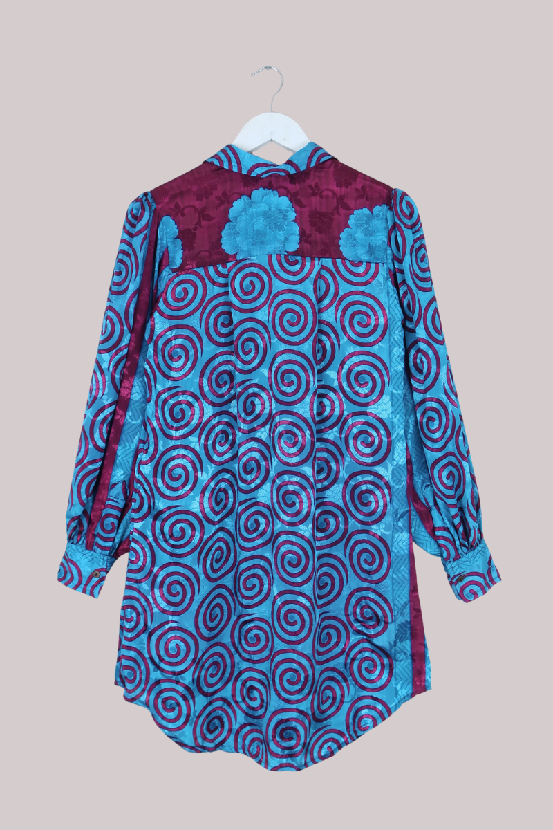 Bonnie Shirt Dress - Mulberry & Sky Swirls - Vintage Indian Sari - Free Size M/L