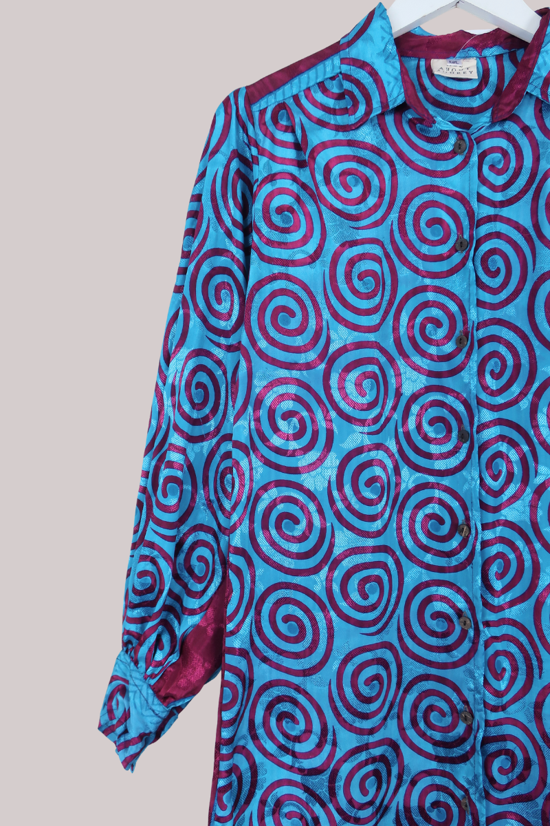 Bonnie Shirt Dress - Mulberry & Sky Swirls - Vintage Indian Sari - Free Size M/L