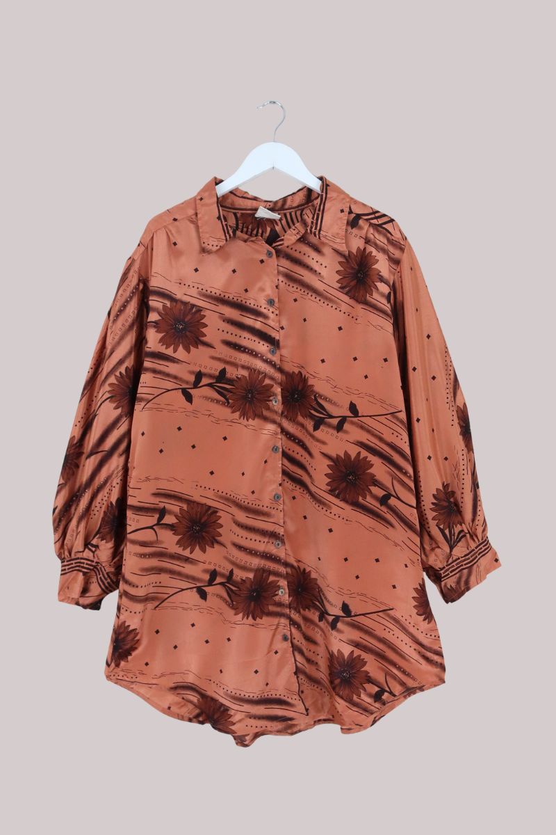 Bonnie Shirt Dress - Retro Rose Gold Floral - Vintage Indian Sari - Free Size XXL