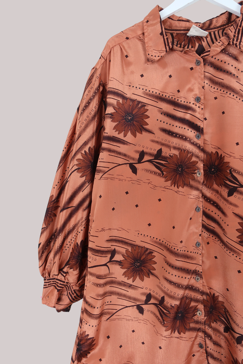 Bonnie Shirt Dress - Retro Rose Gold Floral - Vintage Indian Sari - Free Size XXL