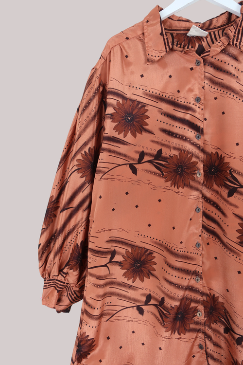 Bonnie Shirt Dress - Retro Rose Gold Floral - Vintage Indian Sari - Free Size XXL