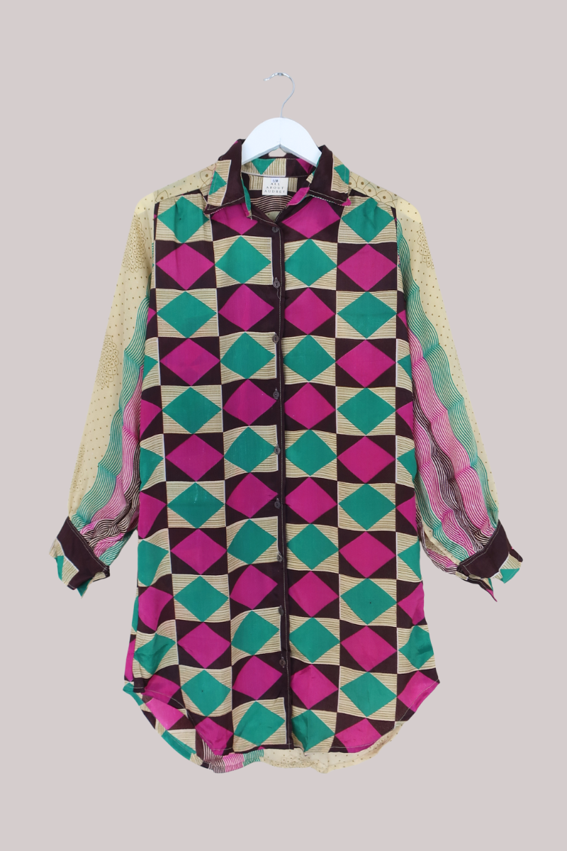 Bonnie Shirt Dress - Cerise & Turquoise Diamonds - Size L