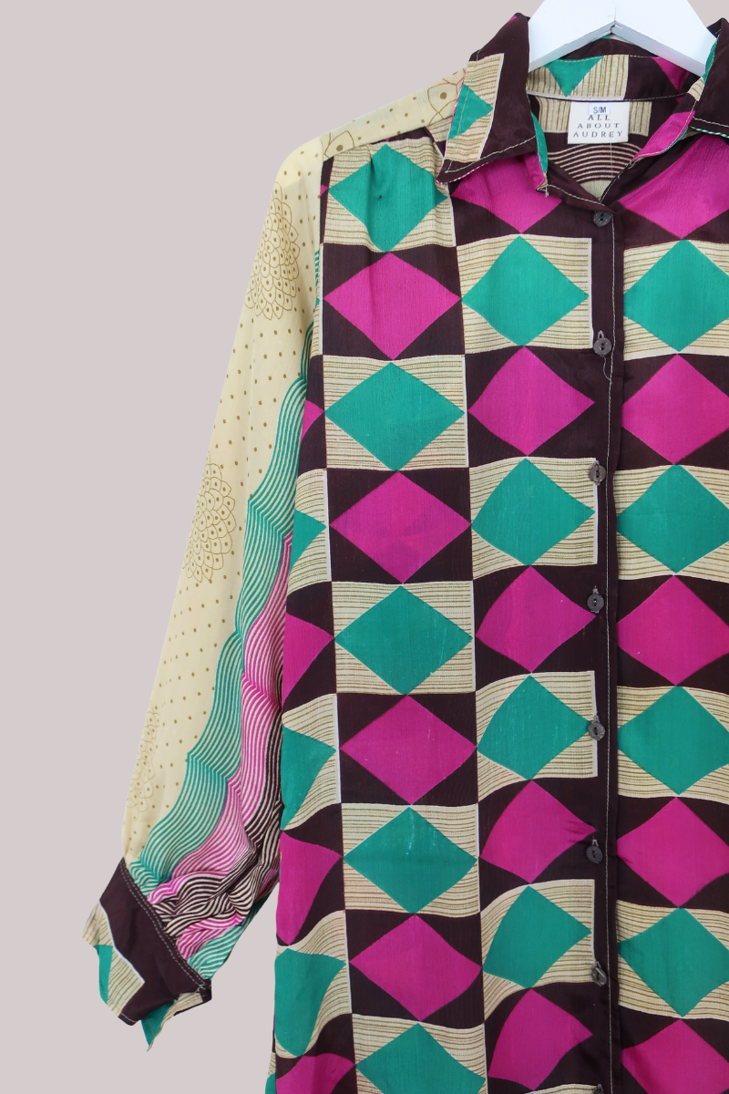 Bonnie Shirt Dress - Cerise & Turquoise Diamonds - Size L