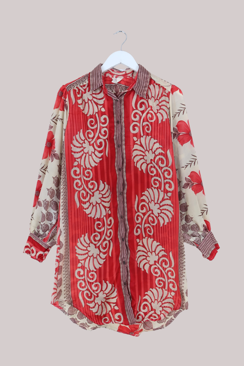 Bonnie Shirt Dress - Vintage Beige & Scarlet - Size L/XL