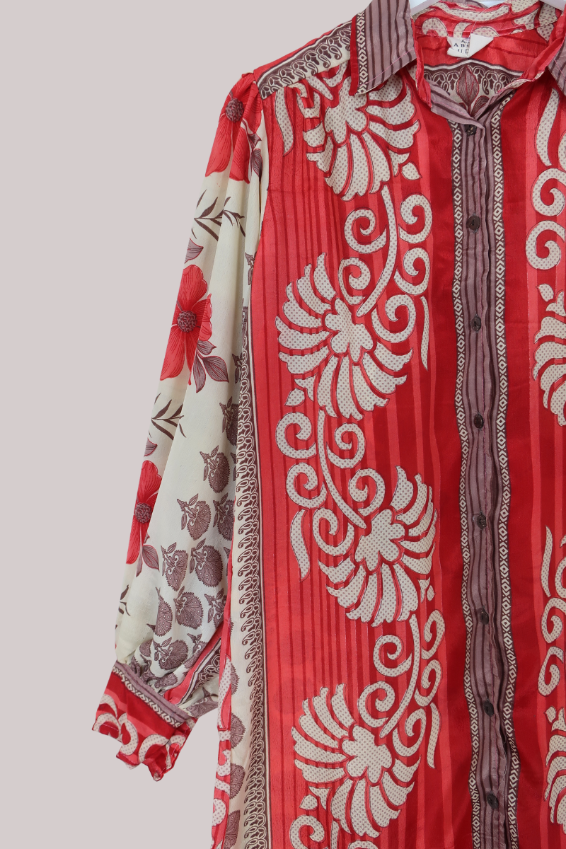 Bonnie Shirt Dress - Vintage Beige & Scarlet - Size L/XL