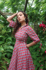 70's Vintage - Gingham Tea Dress - Cherry, White & Navy- Size XS By All About Audrey