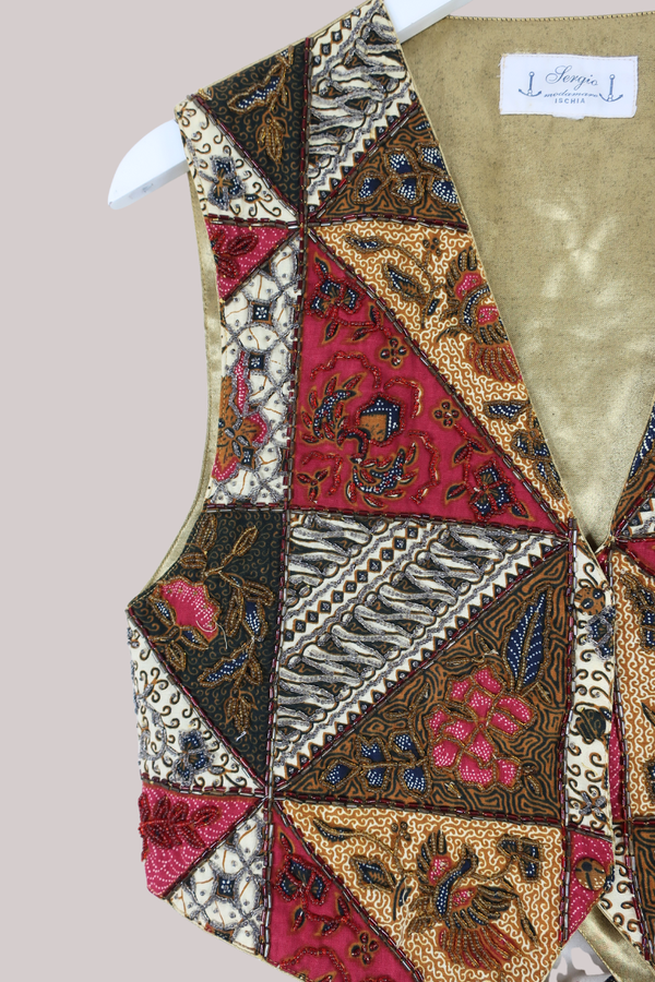 Vintage Waistcoat - Beaded Golden Floral Tile - Size S