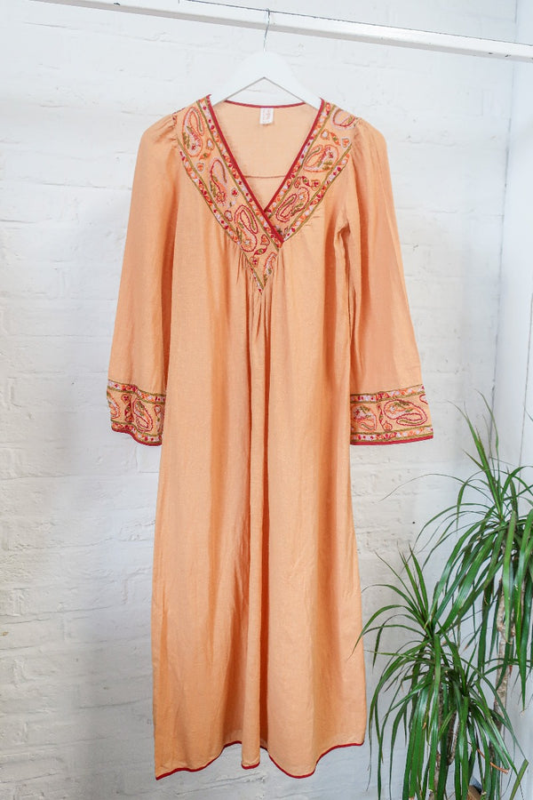 Vintage Midi Dress - Faded Apricot Embroidered Smock - Size S By All About Audrey