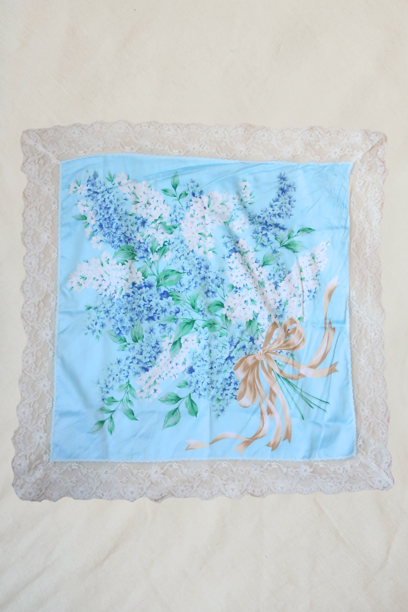 Vintage Lace Scarf in Sky Blue Lilac Flowers