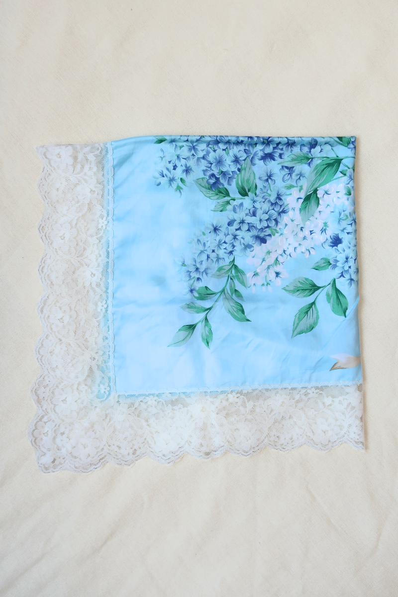 Vintage Lace Scarf in Sky Blue Lilac Flowers
