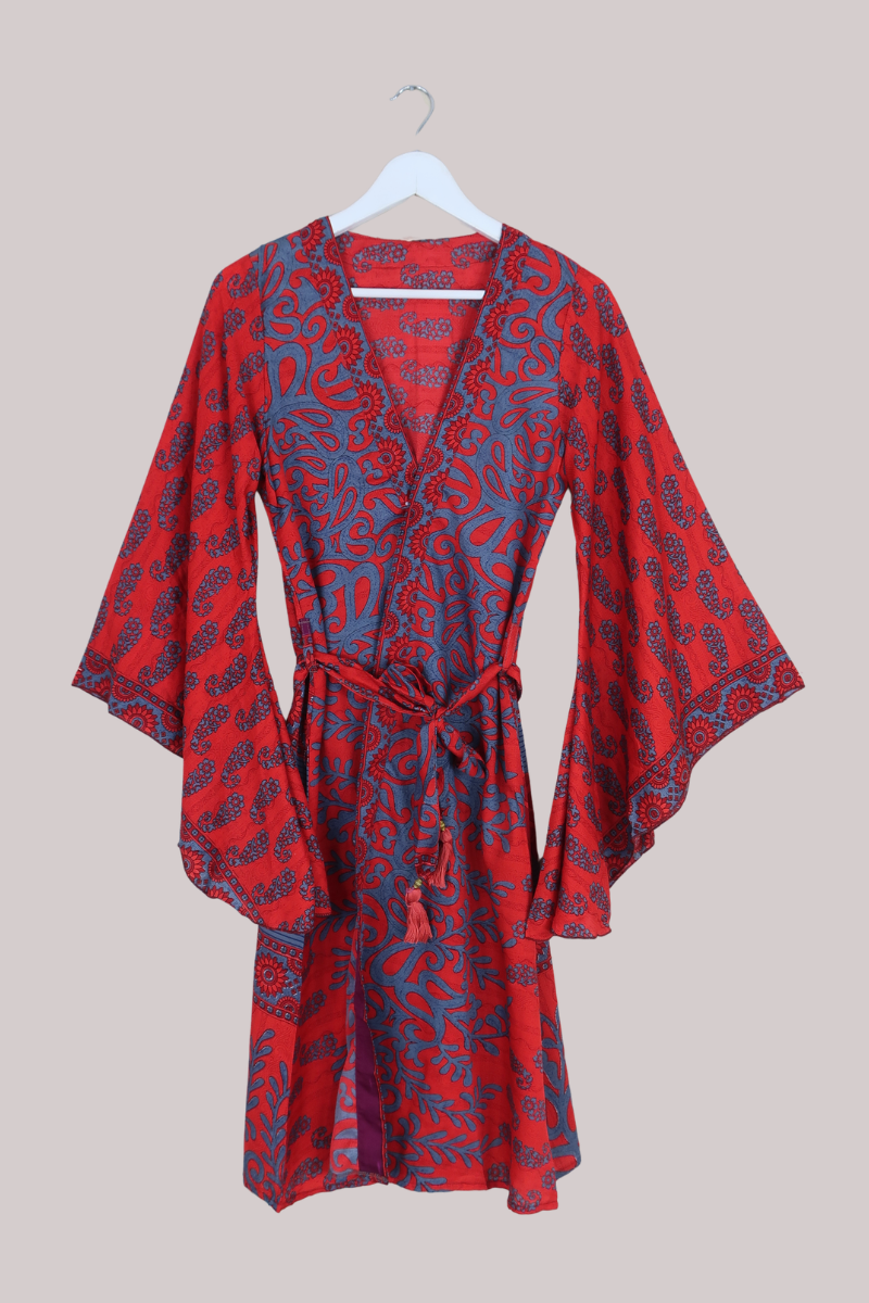 Gemini Kimono in Garnet & Cornflower Floral Paisley - Size M