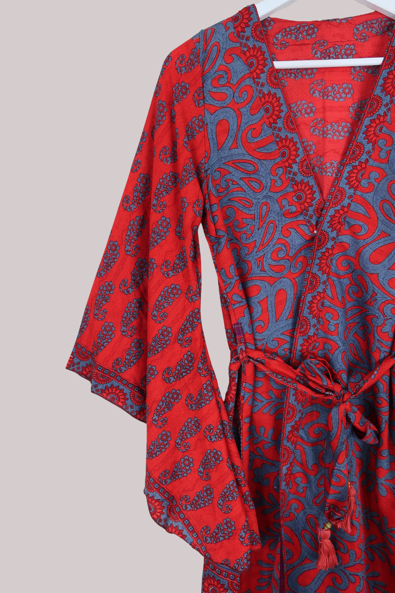 Gemini Kimono in Garnet & Cornflower Floral Paisley - Size M