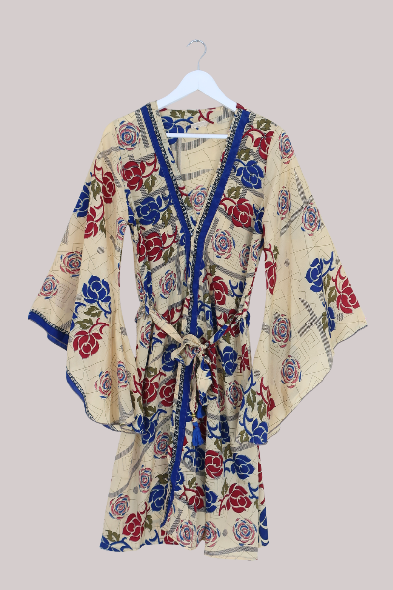 Gemini Kimono in Scarlet & Navy Roses - Size L