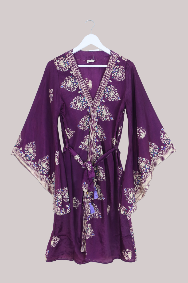 Gemini Kimono in Plum Wine Lotus Flowers - Size M/L