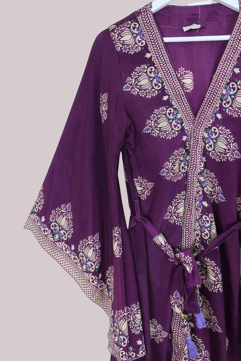 Gemini Kimono in Plum Wine Lotus Flowers - Size M/L