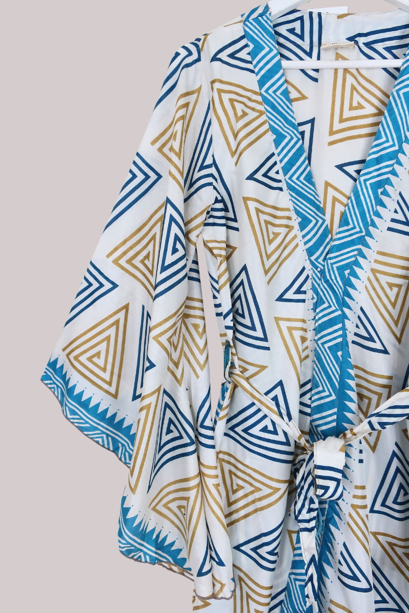 Gemini Kimono in Abstract Turquoise & Sand - Size M/L