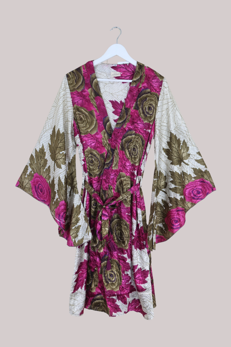 Gemini Kimono in Magenta Fallen Leaves - Size XL