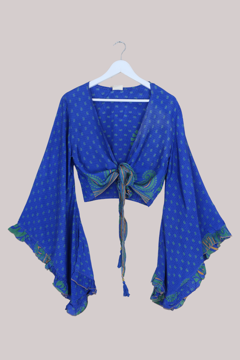 Venus Recycled Sari Wrap Top in Sapphire Blue Paisley Buds - Size M/L