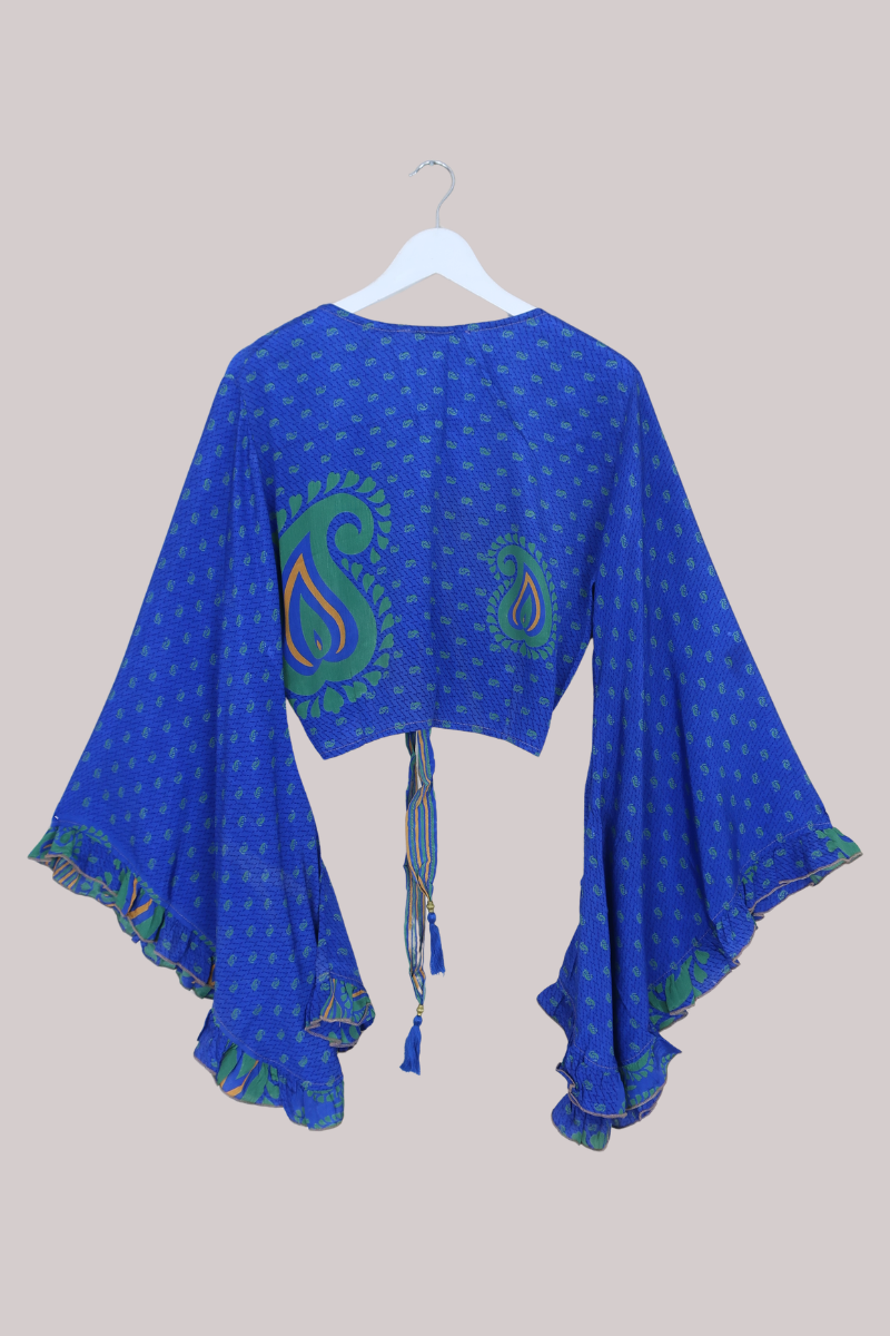 Venus Recycled Sari Wrap Top in Sapphire Blue Paisley Buds - Size M/L