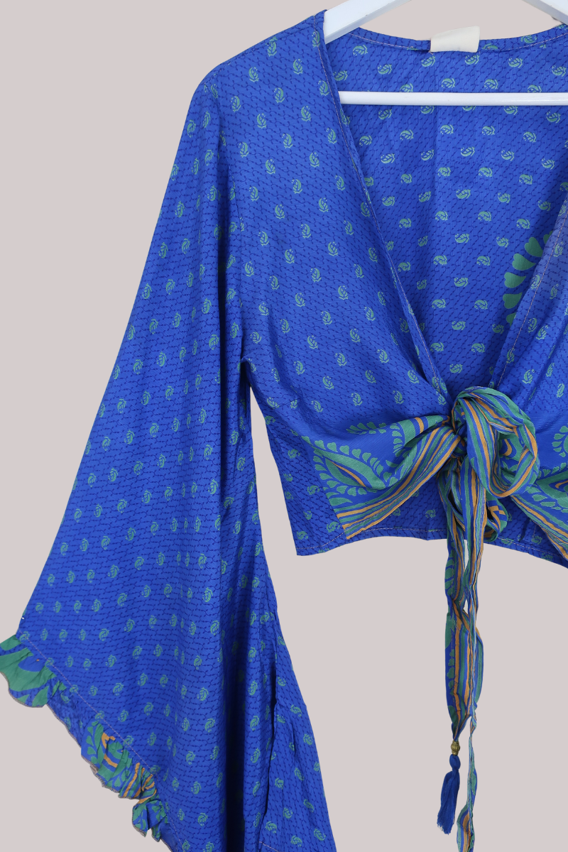 Venus Recycled Sari Wrap Top in Sapphire Blue Paisley Buds - Size M/L