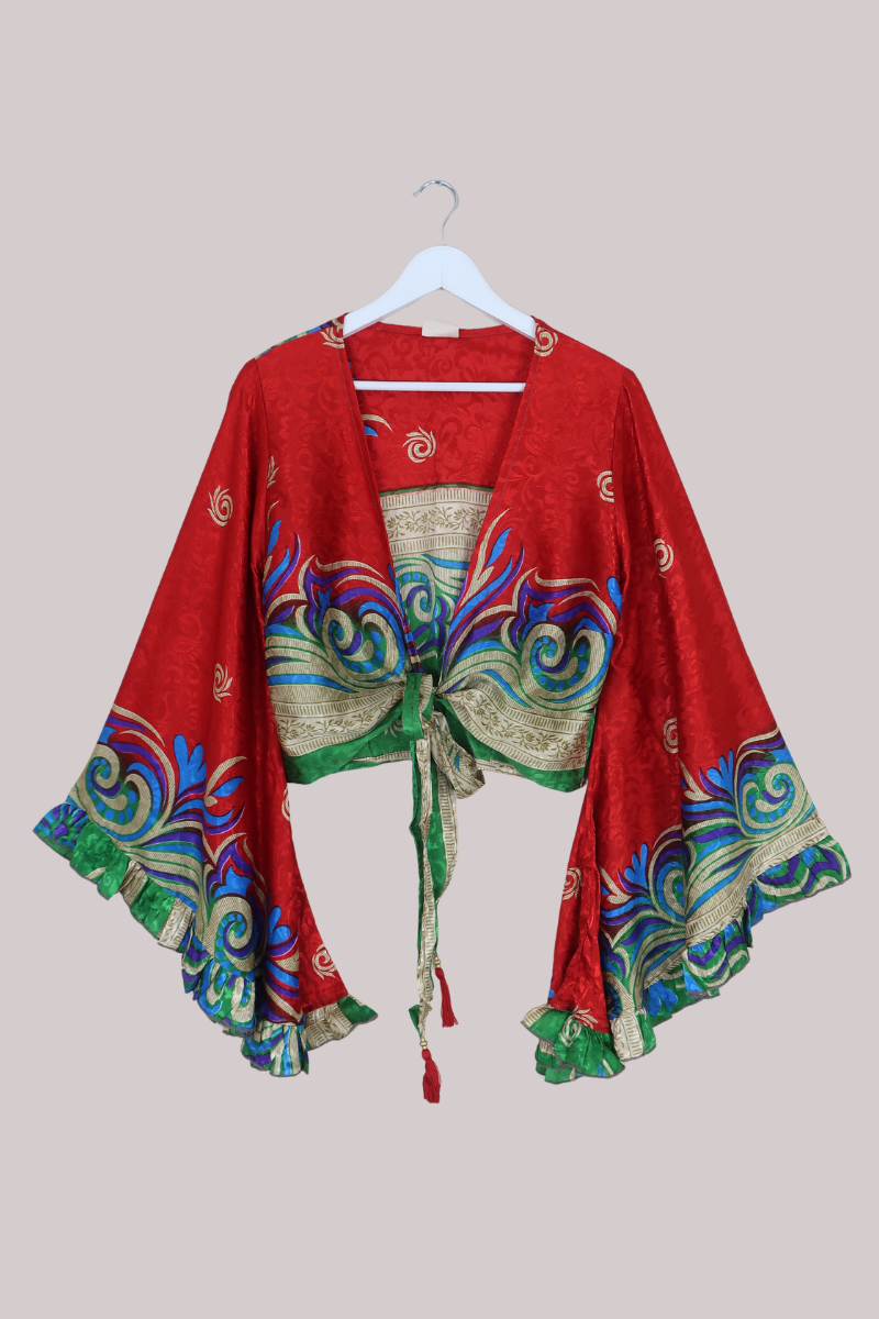Venus Recycled Sari Wrap Top in Poppy Red Jacquard - Size M/L
