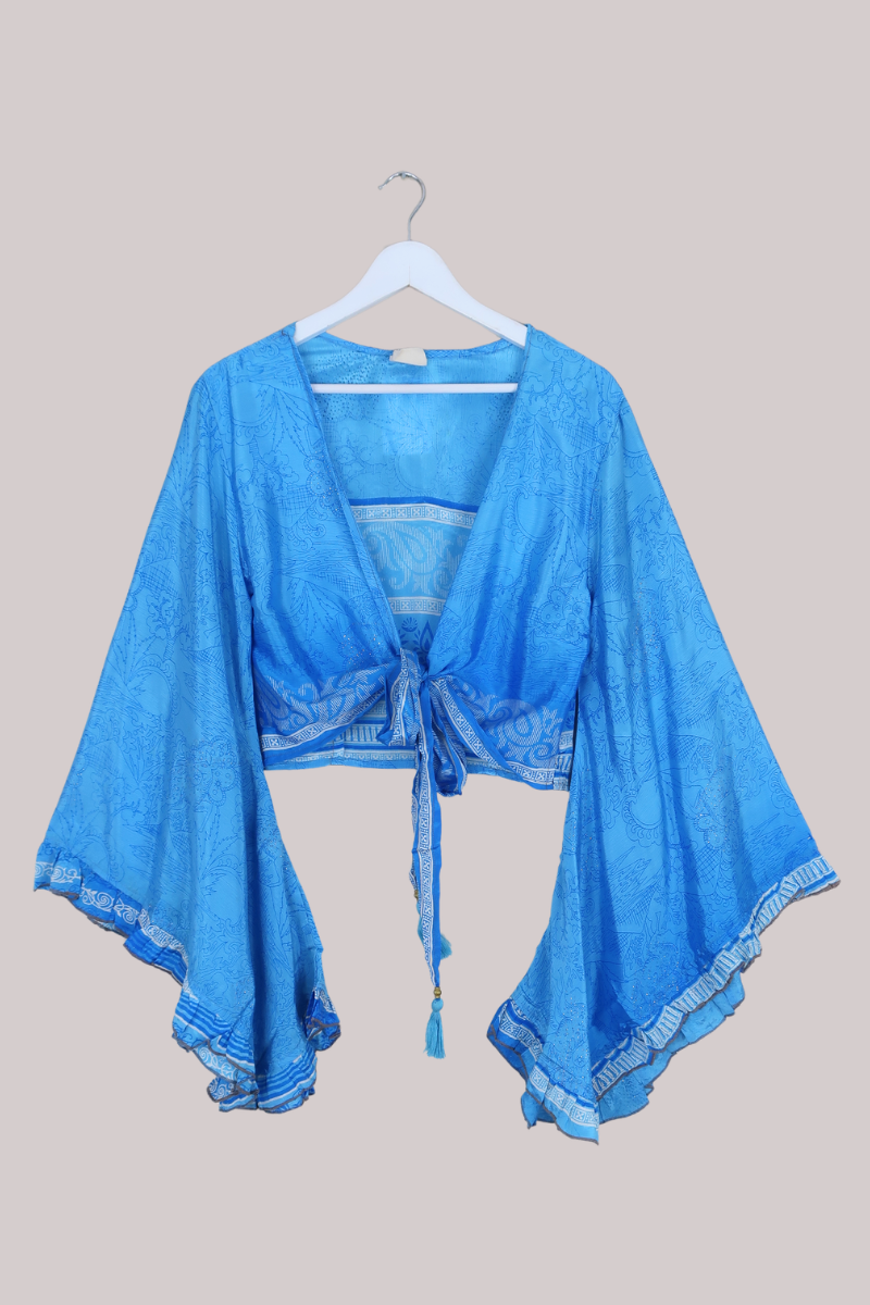 Venus Recycled Sari Wrap Top in Glittering Blue Tranquility - Size M/L