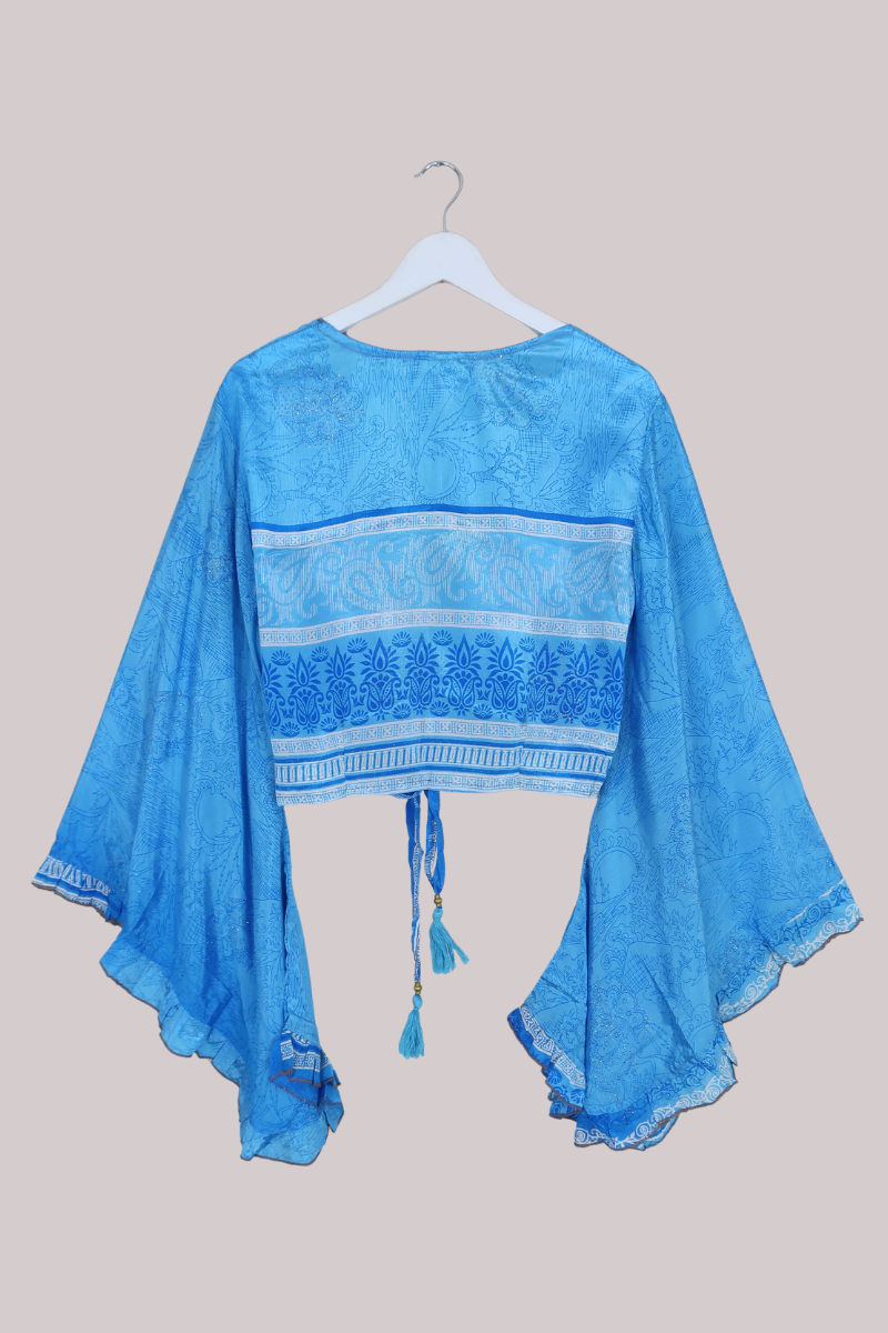 Venus Recycled Sari Wrap Top in Glittering Blue Tranquility - Size M/L