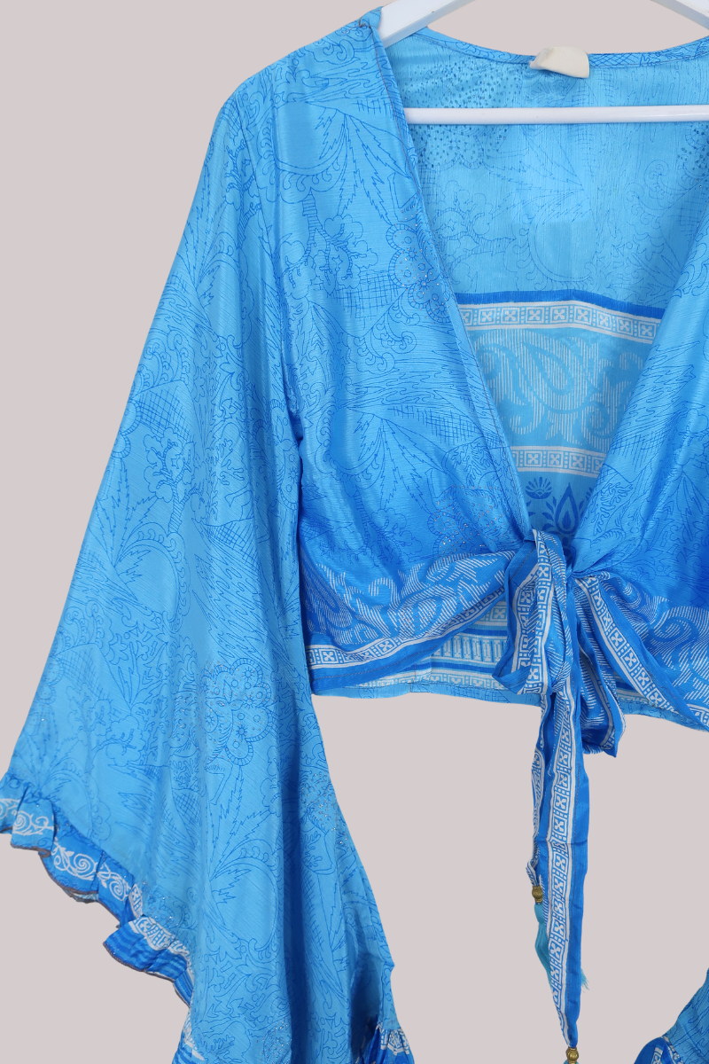 Venus Recycled Sari Wrap Top in Glittering Blue Tranquility - Size M/L