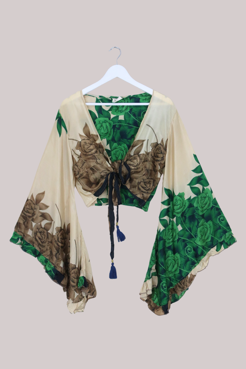 Venus Recycled Sari Wrap Top in Emerald Green Roses - Size M/L