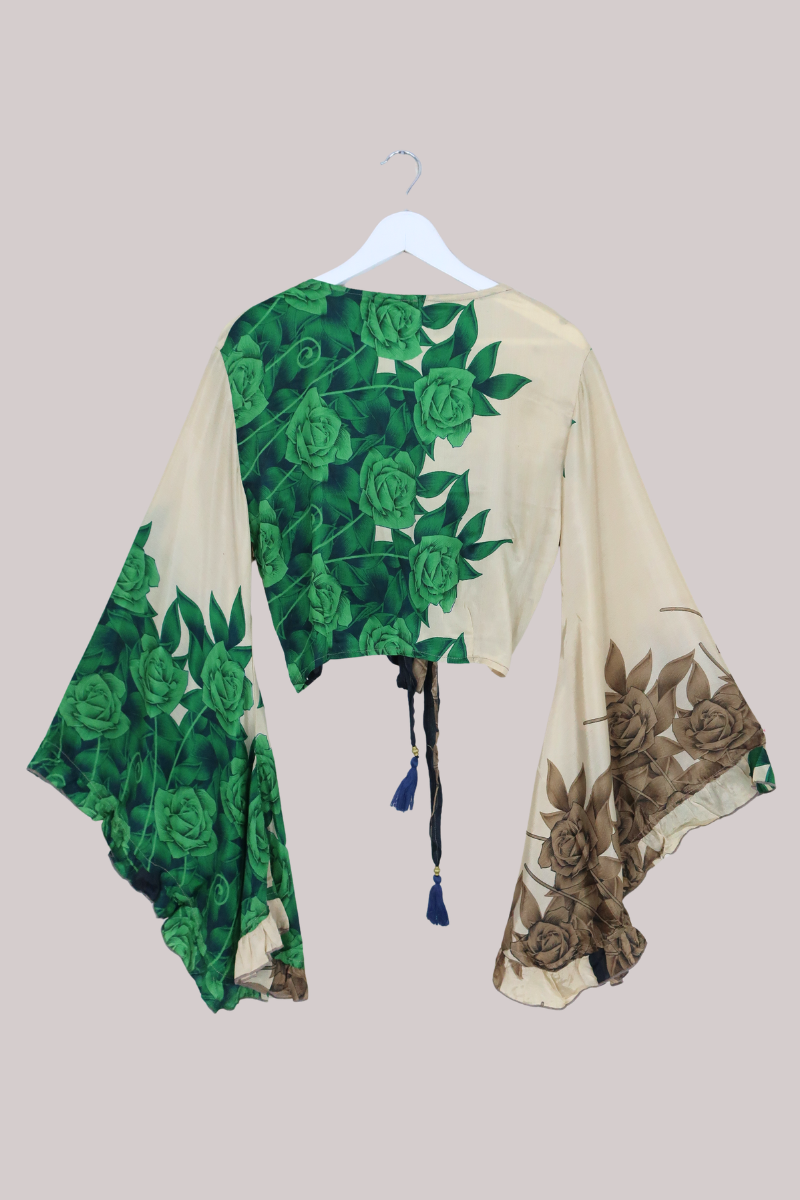 Venus Recycled Sari Wrap Top in Emerald Green Roses - Size M/L