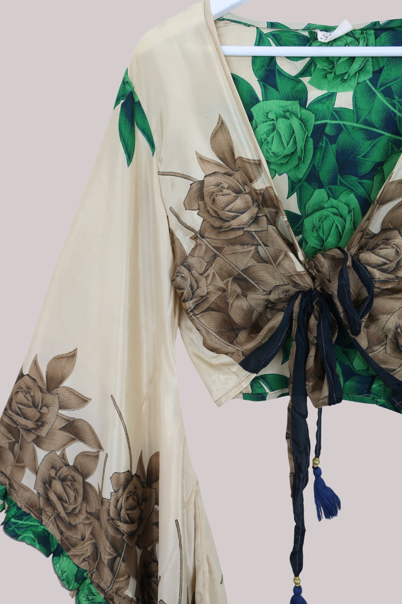 Venus Recycled Sari Wrap Top in Emerald Green Roses - Size M/L