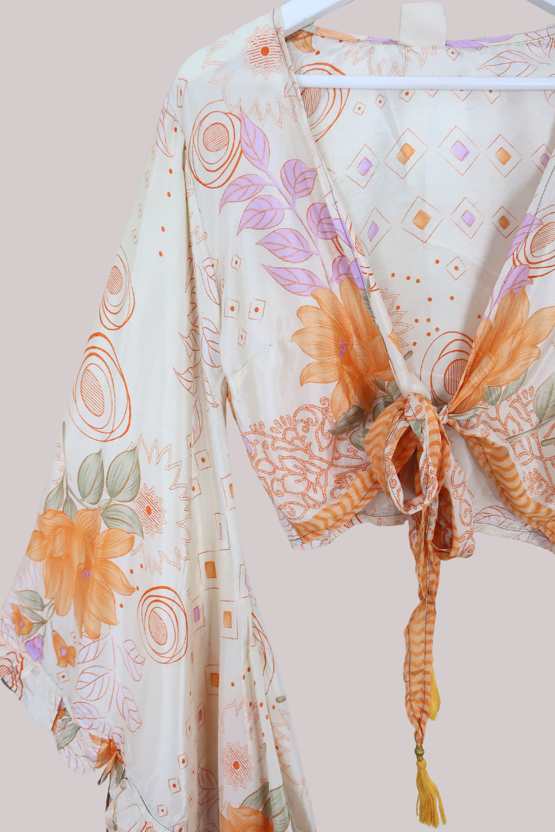 Venus Recycled Sari Wrap Top in Apricot & Orchid - Size S/M